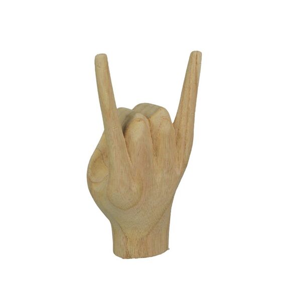 Carved Wooden Rock On Devil Horns Hand Gesture Statue Natural Finish Home Decor - Picture 3 of 7